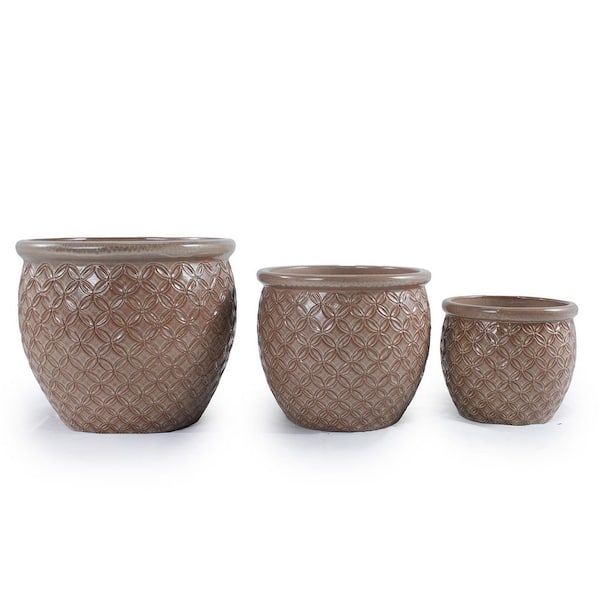 William 8.07 in., 10.63 in. and 12.99 in. Tall Antique Yellow Round Ceramic Patio Outdoor Planter Set (3-Pack)