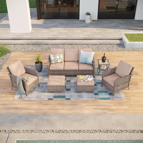 Sonkuki 6-Piece Patio Conversation Sofa Set Gray Wicker with Side Table and Thickening Cushions, Sand Cushion