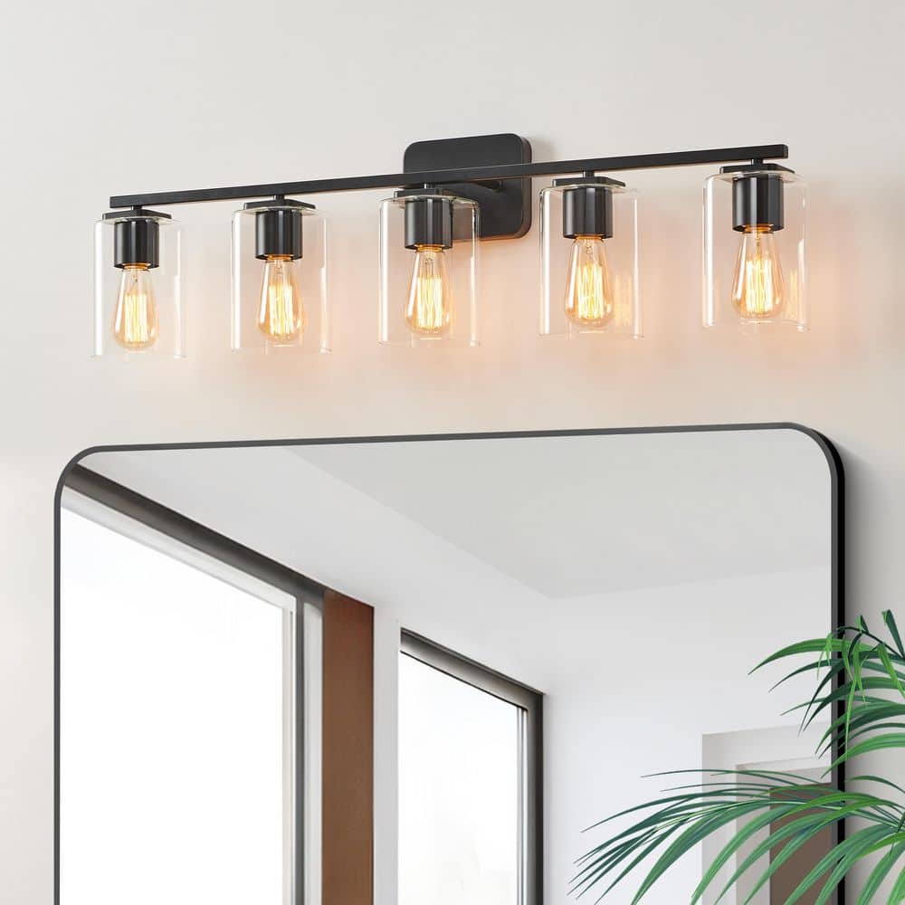 35.5 in. 5-Light Black Clemmon Vanity Light with Square Glass Shade price history on PriceWatchPro