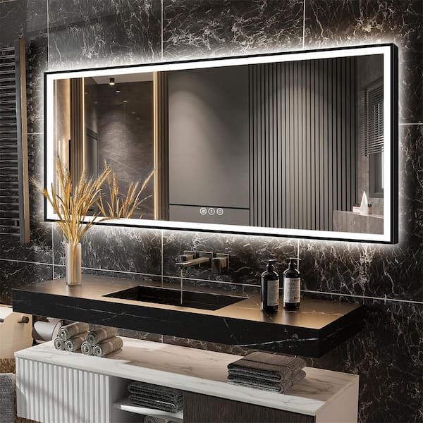 ExBrite LumiCont 84 in. W x 32 in. H Oversized Rectangular Black Framed Anti-Fog LED Wall Bathroom Vanity Mirror Lighted Mirror