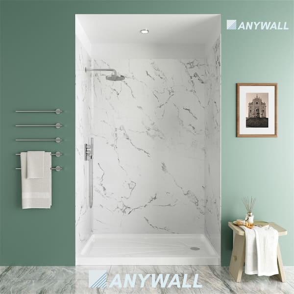 X Marble 60 in. x 36 in. x 96 in. 3-Piece Acrylic Full Shower Wall Set in Glossy White Marble