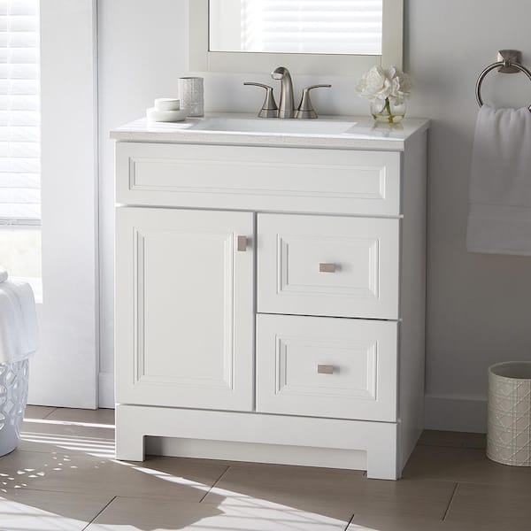 Home Decorators Collection Sedgewood 30.5 in. W x 18.8 in. D x 34.4 in. H Freestanding Bath Vanity in White with Arctic Solid Surface Top