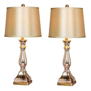 28 in. Vintage Mercury Glass and Antique Brass Candlestick Table Lamps