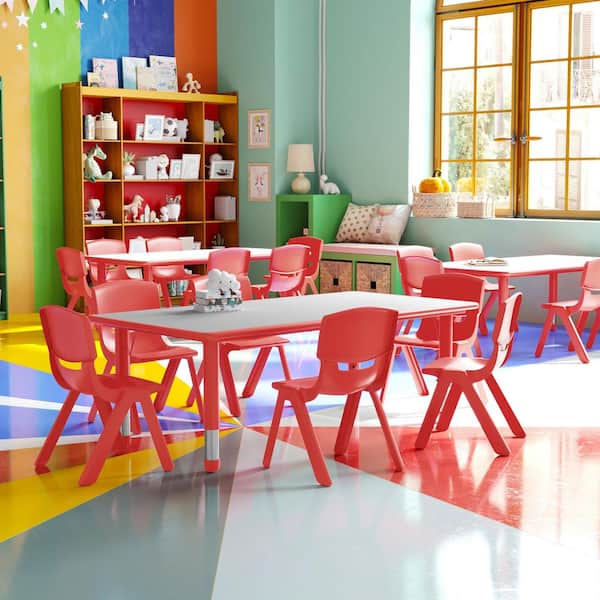 7-Piece Rectangle Metal Top Table and Chair Set in Red