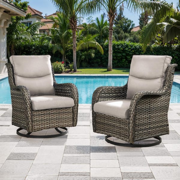 Gray Swivel Glider Wicker Outdoor Rocking Chair with Beige Cushions (2-Pack)