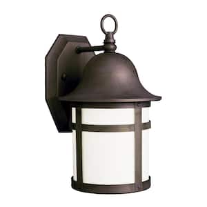Thomas 2-Light Weathered Bronze Outdoor Wall Light Fixture with White Frosted Glass