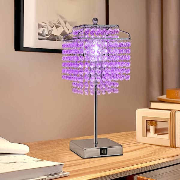 18 in. 1-Light Bedside Purple Crystal Table Task & Reading Lamp for Bedroom Chrome Dimmable Lamp with Crystal Shade
