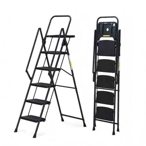 5-Step Steel Folding Step Ladder (10 ft. Reach), 500 lbs. Load Capacity, with Tool Tray and Wide Non Slip Pedals