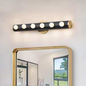 Rhea 23 in. 6-Light Cylindric Bathroom Vanity Light Black and Gold Bath Bar