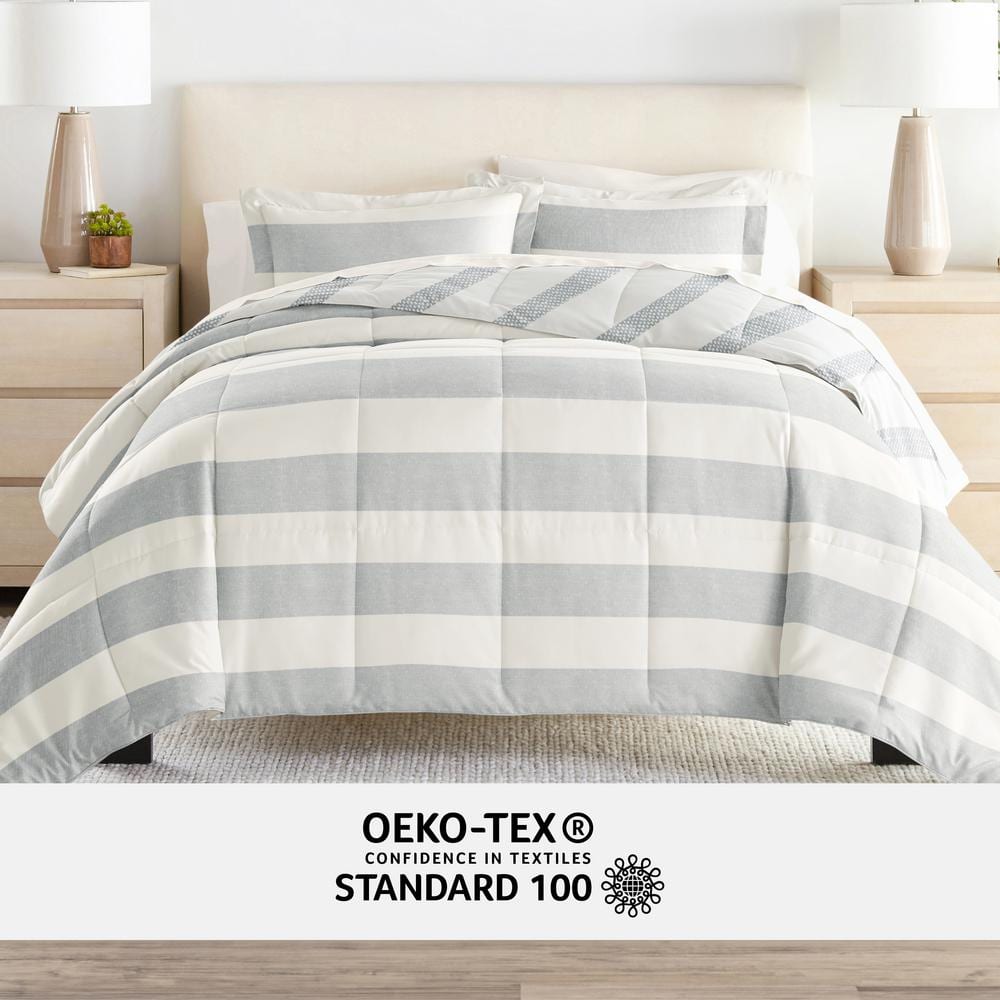 Twin Gray and White Microfiber Bedding Set with Distressed Stripe Pattern