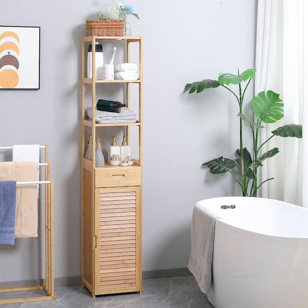 Mahe Slim Storage Cabinet Bamboo-Wood - Freestanding 2-Door Linen Tower with 2-Tier Shelf