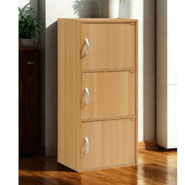 35.6 in. Tall Beech Wood 3-Shelf Bookcase with 3-Doors Enclosed Storage 3-Tier Bookshelf for Home or Office