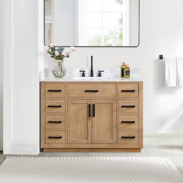 Gavino 48 in. W x 22 in. D x 34 in. H Bath Vanity in Light Brown with Grain White Composite Stone Top