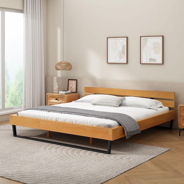 Celeste Industrial Brown Natural Finish Wood Frame King Size Platform Bed with Headboard, Black Metal Legs