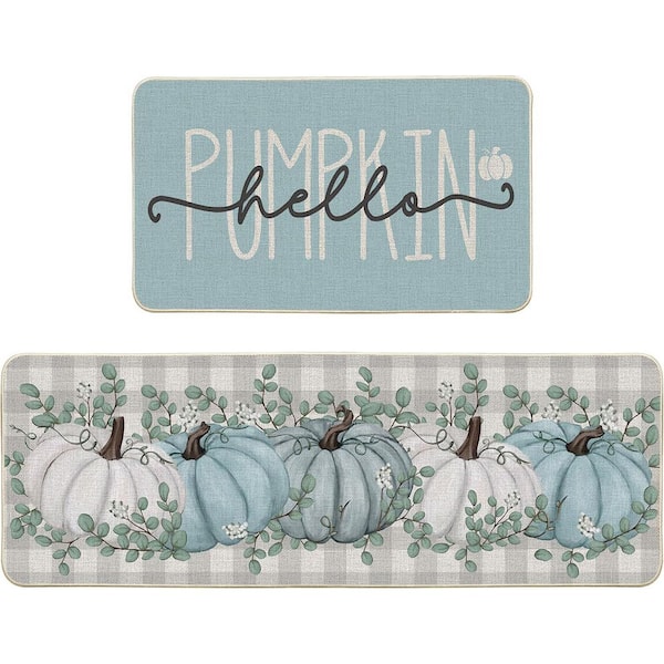 Blue Buffalo Plaid Hello Pumpkin Indoor Kitchen Mats Set of 2 (17 in. x 29 in. + 17 in. x 47 in. )