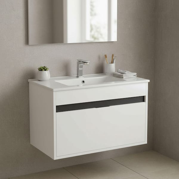 Alpine 30 in. W x 18.11 in. D x 19.75 in. H Bathroom Vanity Side Cabinet in White Matte with White Ceramic Top