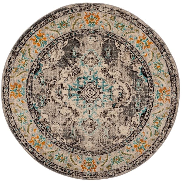 SAFAVIEH Monaco Gray/Light Blue 11 ft. x 11 ft. Distressed Border Medallion Round Area Rug