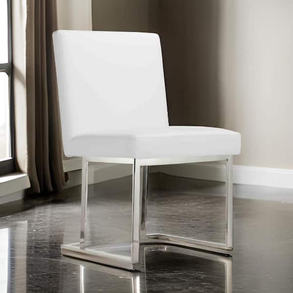 Benjara White and Chrome Faux Leather Metal Frame Dining Chair (Set of 2)