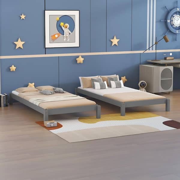 URTR Gray Wood Frame Twin Size Platform Bed, 2 Twin Solid Wood Bed Guest Bed Stackable Bed For Kids, Boys, Girls
