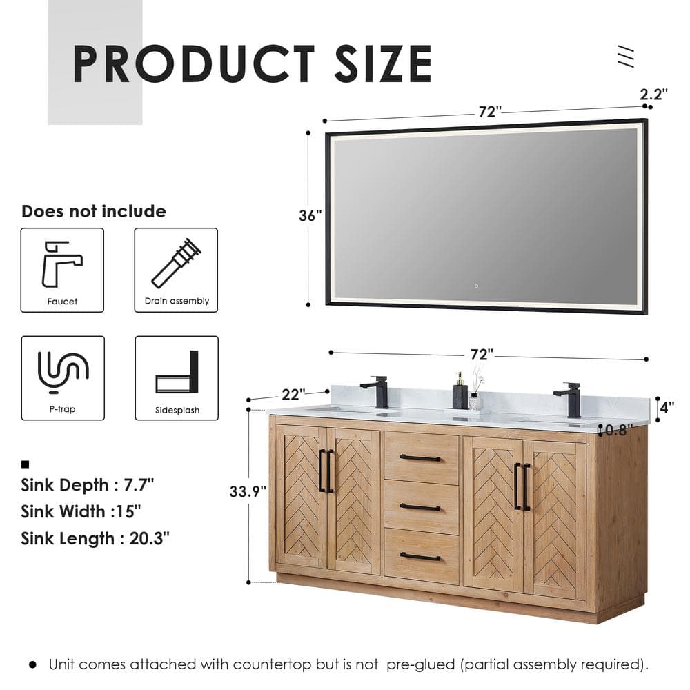 Anais 72" Light Brown Fir Wood Vanity with White Stone Top and Mirror