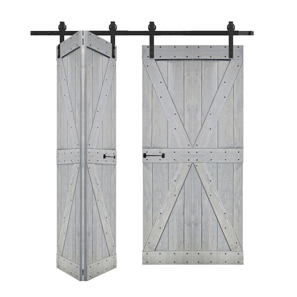 ISLIFE K Style 72in. x 84in. (18''x84''x4Panels)French Gray Solid Wood Bi-Fold Barn Door With Hardware Kit-Assembly Needed