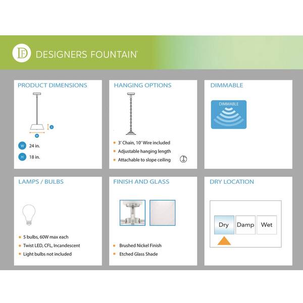 Designers Fountain - Carmine 5 -Light Brushed Nickel Chandelier with Etched Glass Shades