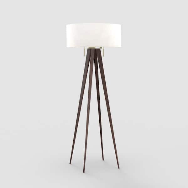 NOVA of California Quattro 61 in. Walnut 1-Light Dimmable Standard Floor Lamp for Living Room with Linen Drum Shade