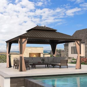 13 ft.x 15 ft.Bronze Aluminum Power-Coated Frame Galvanized Steel Double Roof Hardtop Gazebo,Hooks,Netting,Khaki Curtain