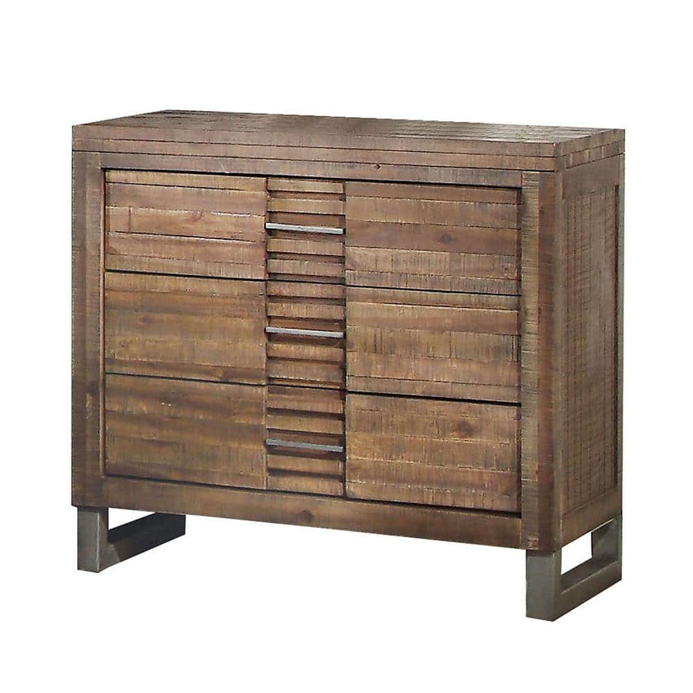 Andria Rustic Brown Wood Nightstand with 3 Drawers and Metal Legs