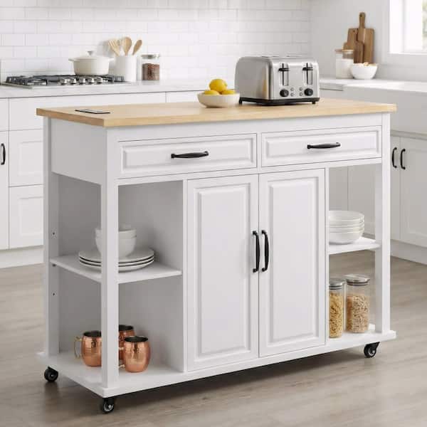 Ximuprmy White Wood 47 in. Kitchen Island with 2-Power Outlet