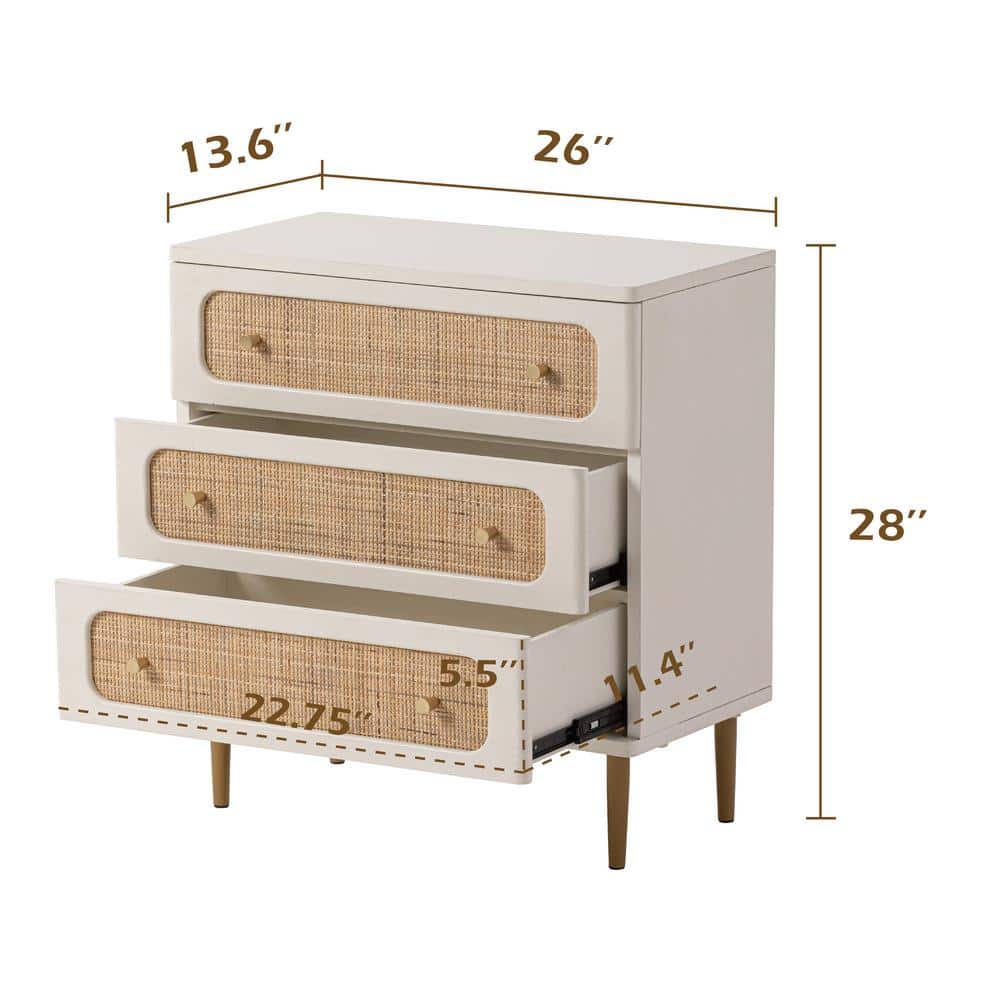 White and Natural Rattan 3-Drawer Mid-Century Modern Chest