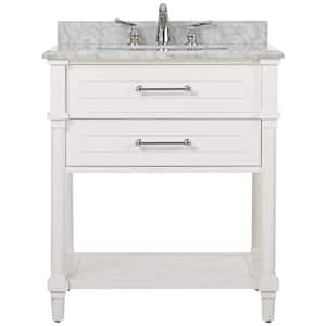Aberdeen 30 in. W x 22 in. D x 34 in. H Single Sink Bath Vanity in White with Carrara Marble Top and Open Shelf