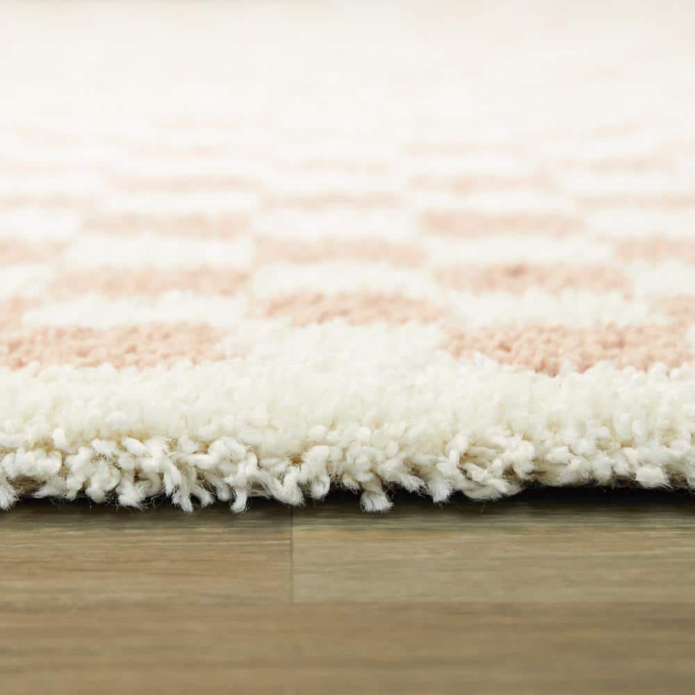 Pink and White Checkered Square Shag Kids' Rug