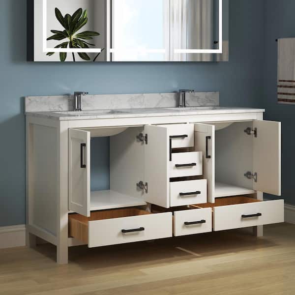 Aeterna 60 in. W x 22 in. D x 34 in. H Double Sinks Freestanding Bath Vanity in White with Cultured Marble Top