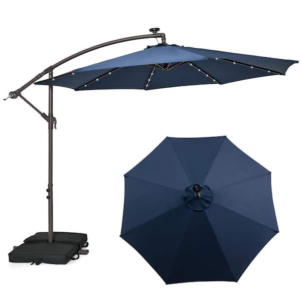 Costway 10 ft. Cantilever Hanging Offset 32 LED Lights Sand Bag Outdoor Cross Base Patio Umbrella in Navy
