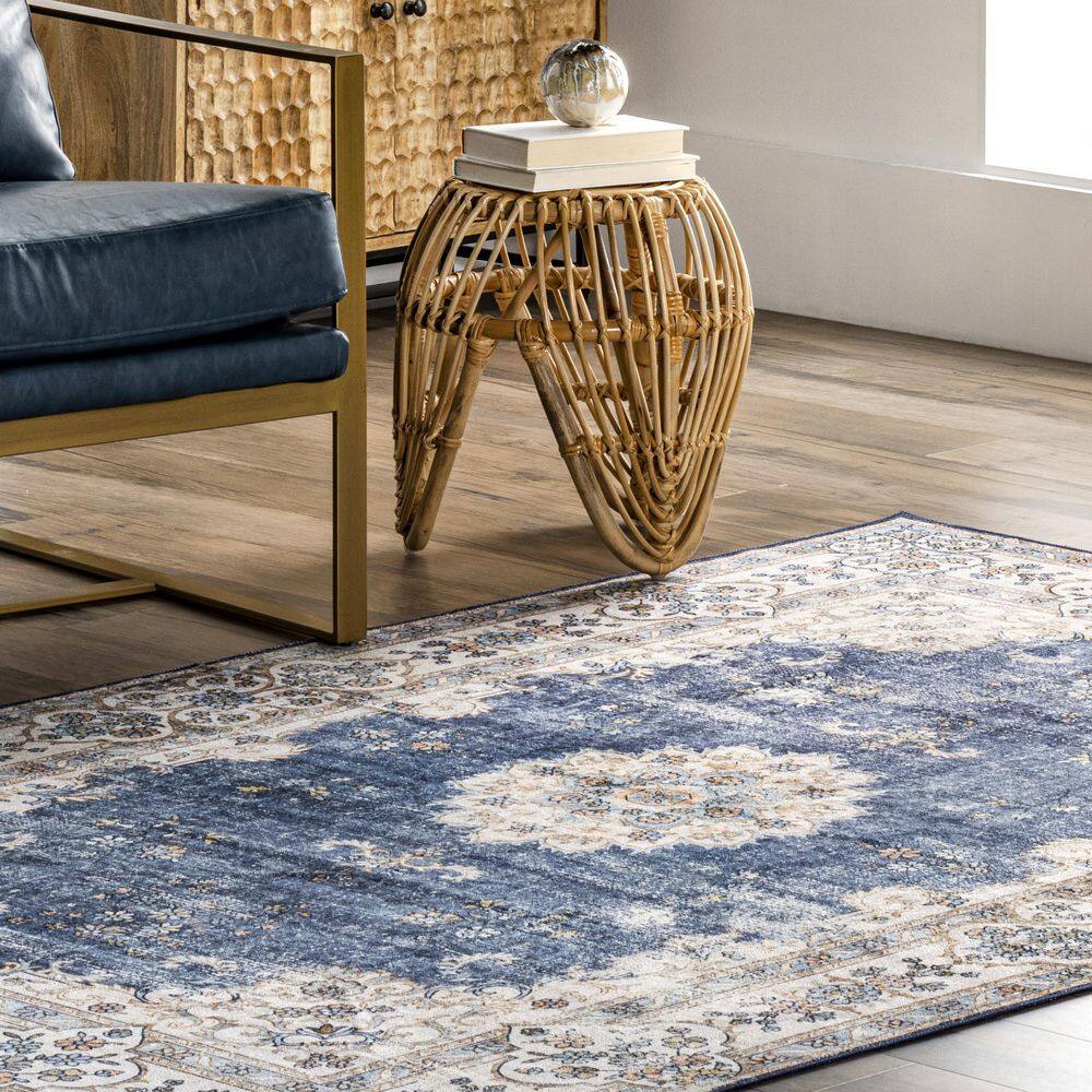 Ren Blue Vintage Floral Machine Washable Area Rug 5' x 8'