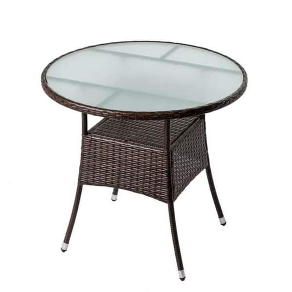 31.5 in. Round Outdoor Dining Table for 4-Weather-Resistant Wicker and Glass Top for Patio, Deck, or Poolside (Brown)