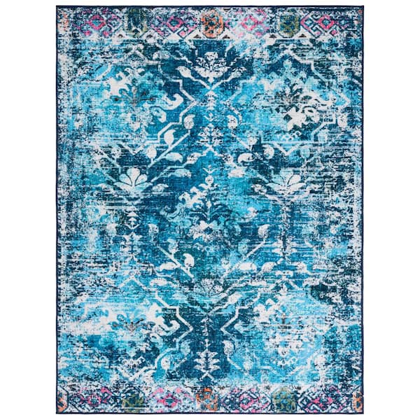 Riviera Navy/Light Blue 4 ft. x 6 ft. Machine Washable Floral Geometric Area Rug
