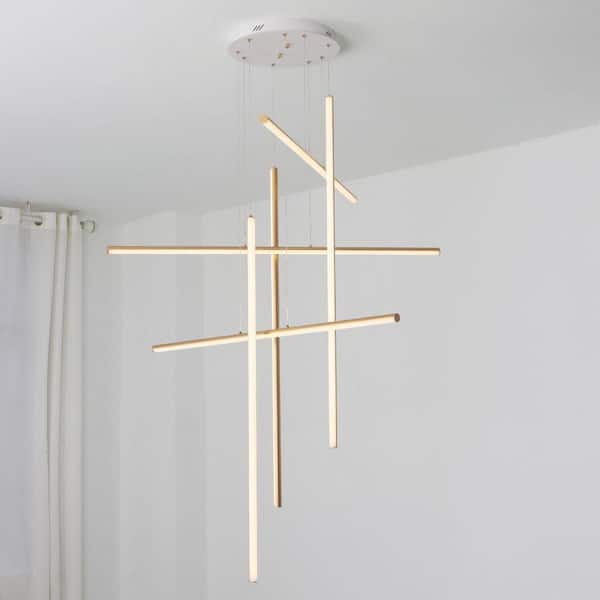 6 Lights Modern Gold Linear Integrated LED Dimmable Chandelier for Stair Hotel Foyer