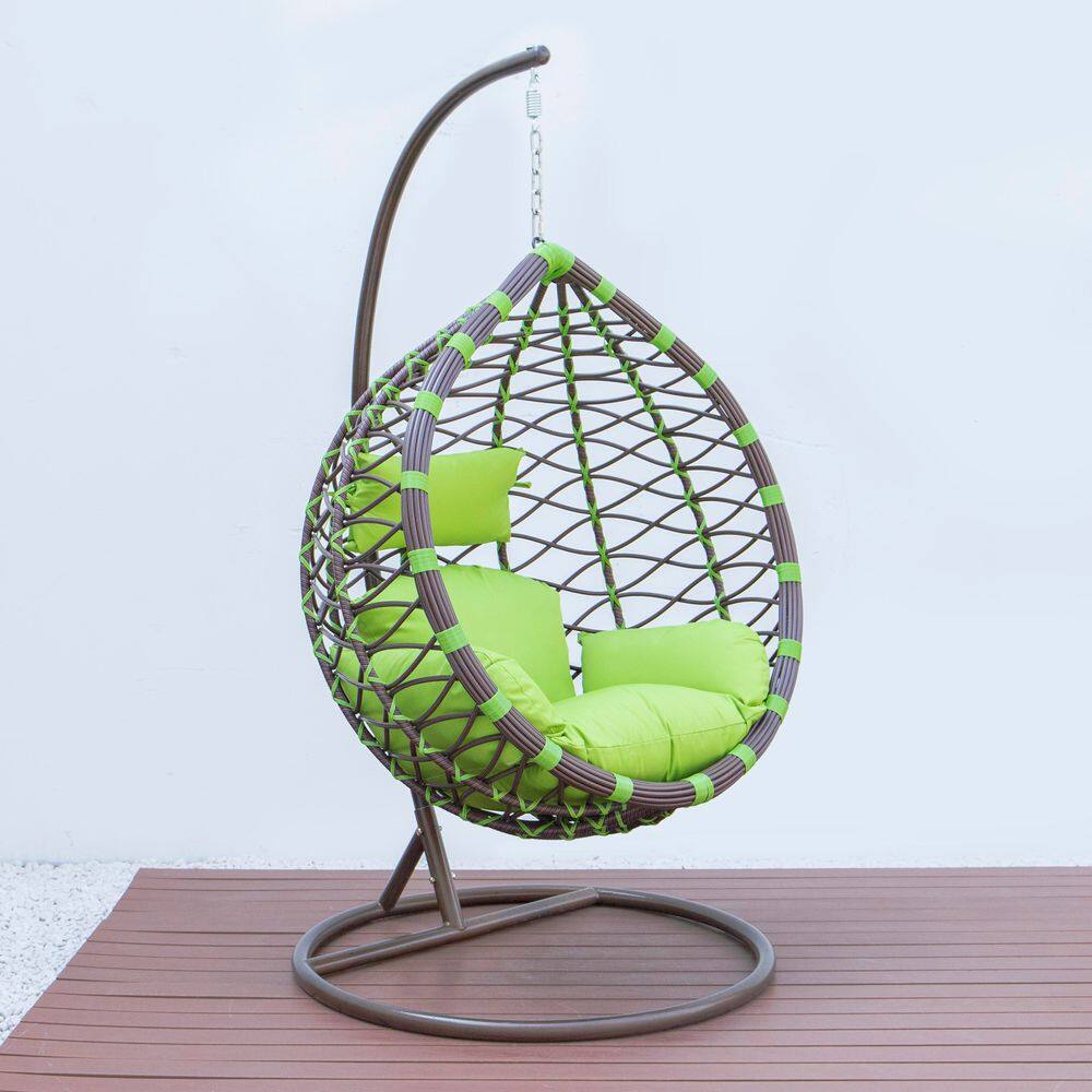 Wicker Hanging Swing Egg Chair Green Removable Cushions for Indoor and Outdoor Use Brown Rattan Lounge Chair