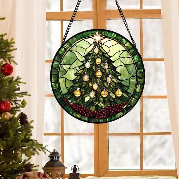 Green Christmas Tree Stained Glass Art Glass Window HDFKYD163S