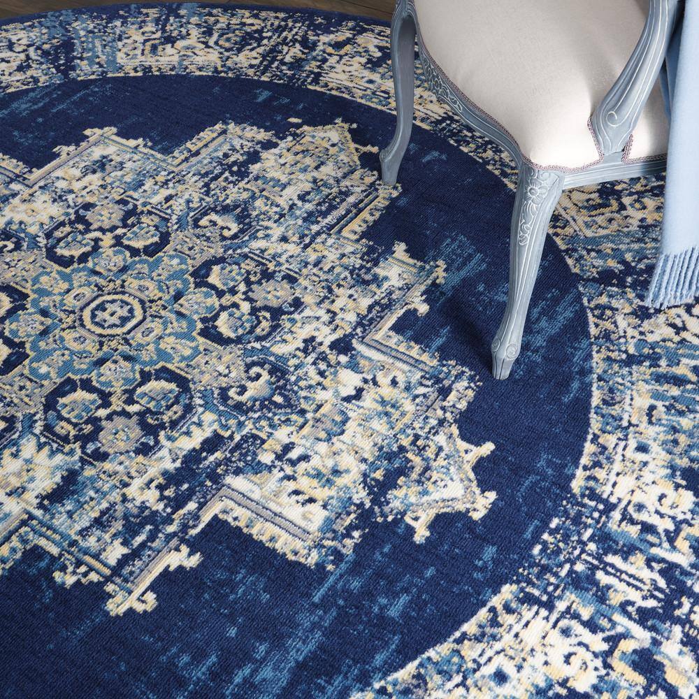 Navy Blue Medallion Round Synthetic Large Rug
