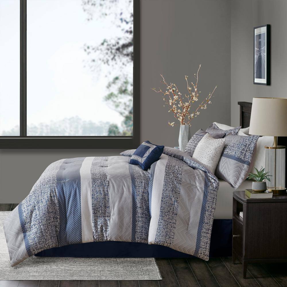 Navy and Gray Jacquard King Comforter Set with Decorative Pillows