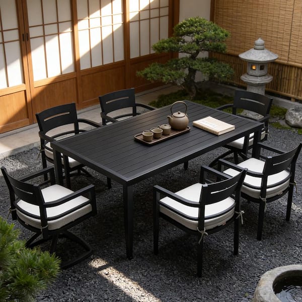 Black 7-Piece Aluminum Outdoor Dining Set with White Cushion