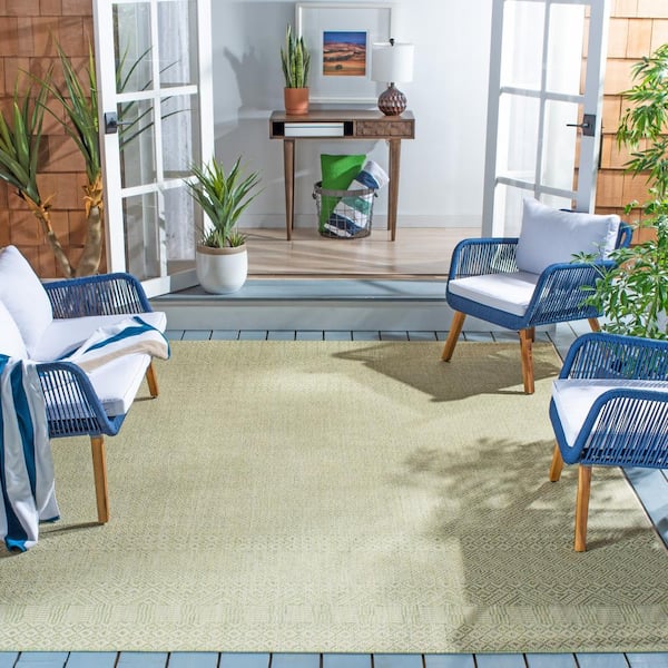 Courtyard Beige/Green 7 ft. x 7 ft. Tribal Striped Diamonds Indoor/Outdoor Patio  Square Area Rug