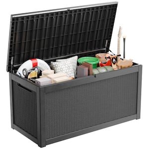 260 Gal. Waterproof Resin Deck Box with PE Rattan Texture, Built-in Handle, Lockable Lid, Hydraulic Rod & Buffer Spring