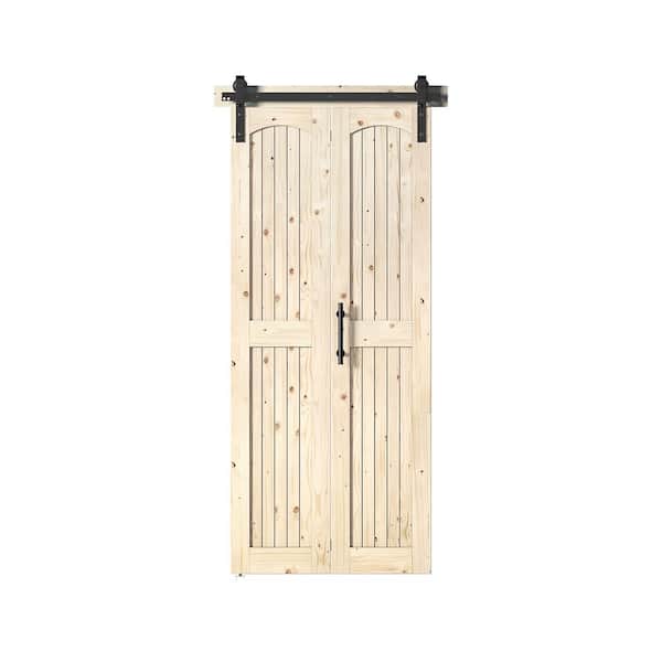 Assembled Arch Top 40 in. x 84 in. Solid Core Unfinished Knotty Pine Wood Double Bi-fold Door with Hardware Kit