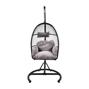 Indoor, Outdoor Patio Wicker Hammock Egg Chair with C Type Bracket, Gray Cushion and Pillow