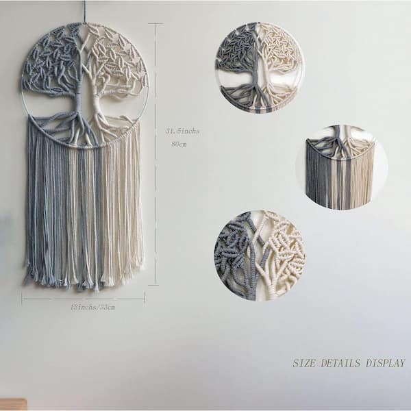 Tree of Life Macrame Wall Hanging, 31.5 in. x 13 in.-Grey & White