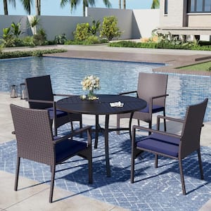 5-Piece Metal Patio Outdoor Dining Set with Round Table and Rattan Stationary Chair with Blue Cushion